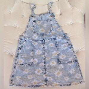 Girls Daisy Print Denim Overall Dress - Light Blue & White